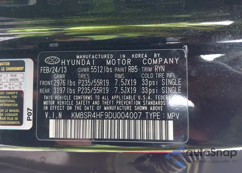 2013 Hyundai Santa Fe Limited из США, поврежденный, VIN KM8SR4HF9DU004007